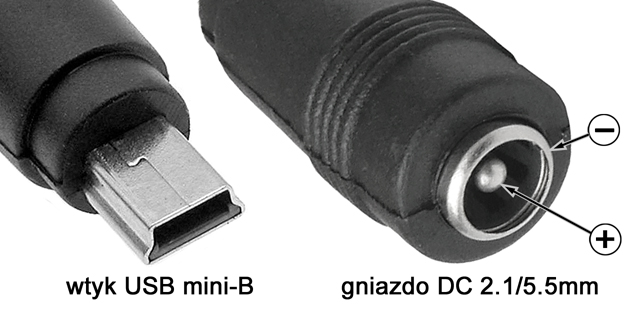 Adapter zasilania DC wtyk USB2.0 mini/B - gniazdo DC 2.1/5.5mm